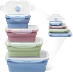ICHC Set of 4 Collapsible Food Storage Containers - Space Saving Food Silicone Containers, Flat Stacks, Travel Containers, Airtight Lunch Box With Lids, Stackable and Reusable, Kitchen Containers Lightweight Plastic Tableware Bpa