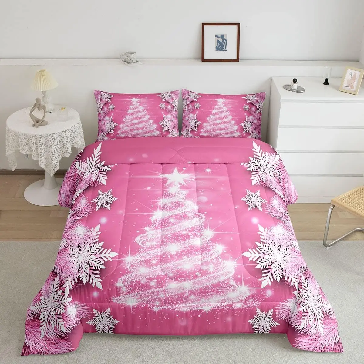 Feelyou Luxury Blush Pink Snowflake Printed Soft Bedding Set - Durable, Breathable Duvet Cover Set, Festive Linens for Christmas (King Size Available), Soft Bedding Sets