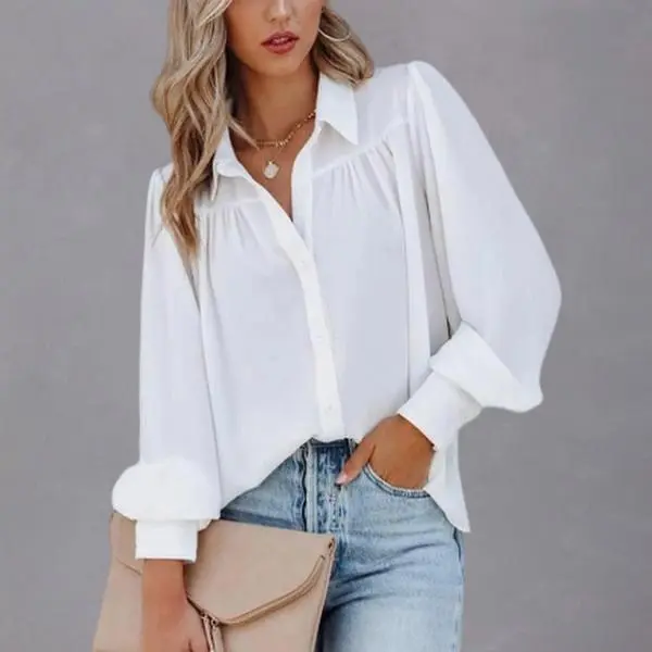 Flamingals Solid Button Up Ruched Puff Sleeve Shirt Casual Elegance