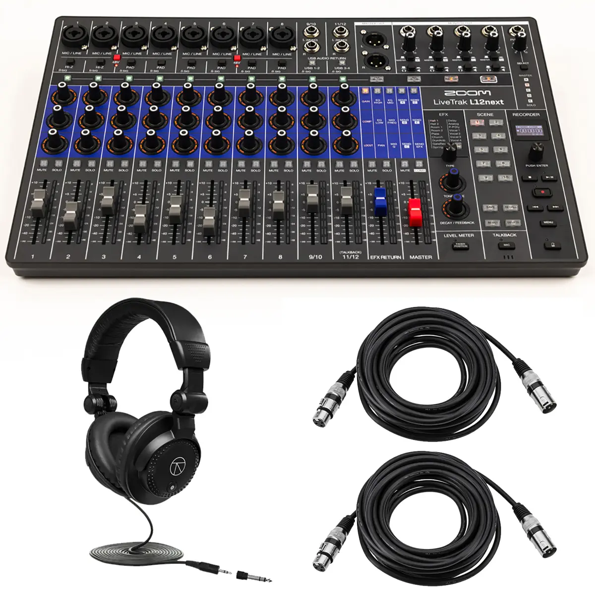 Zoom LiveTrak L12next 12-Channel Digital Audio Mixer/Recorder Bundle with Monitor Headphones, 2x 25' XLR M-F Microphone Cables, USB Adapter, Stereo Card, Streaming