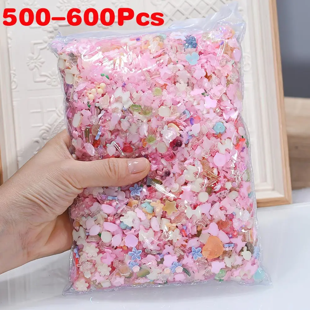 500-600Pcs Mix Bow Flowers Resin Nail Charms 3D Aurora Kawaii Ribbon Bowknot Rhinestones For DIY Nail Art Decorations 50g/bag