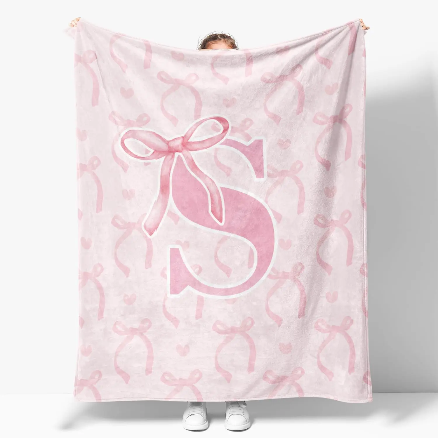 Coquette Pink Bow Throw Blanket Personalized Initial S R M K T A B C D E F G H J L V Z Soft Fluffy Cozy Flannel Monogrammed Gifts for Daughter Women Teen Girls Customized 60x80inch Bedding Bedroom Office Decor