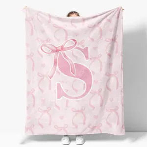 Coquette Pink Bow Throw Blanket Personalized Initial S R M K T A B C D E F G H J  L V Z Soft Fluffy Cozy Flannel Monogrammed Gifts for Daughter Women Teen Girls Customized 60*80inch Bedding Bedroom Office