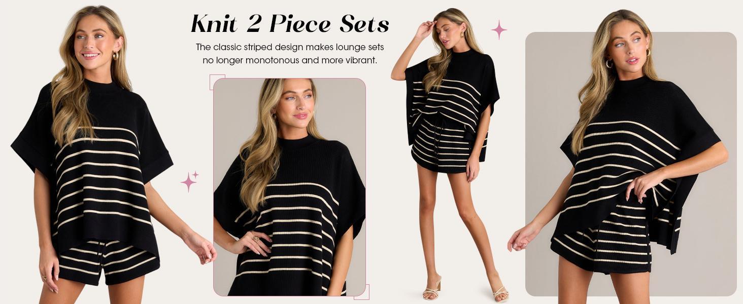 Imily Bela Women's Striped 2 Piece Outfits Oversized Batwing Short Sleeve Tops High Waisted Shorts Summer Knit Lounge Short Sets Imily Bela Women's Striped 2 Piece Outfits Oversized Batwing Short Sleeve Tops High Waisted Shorts Summer Knit Lounge Short Sets