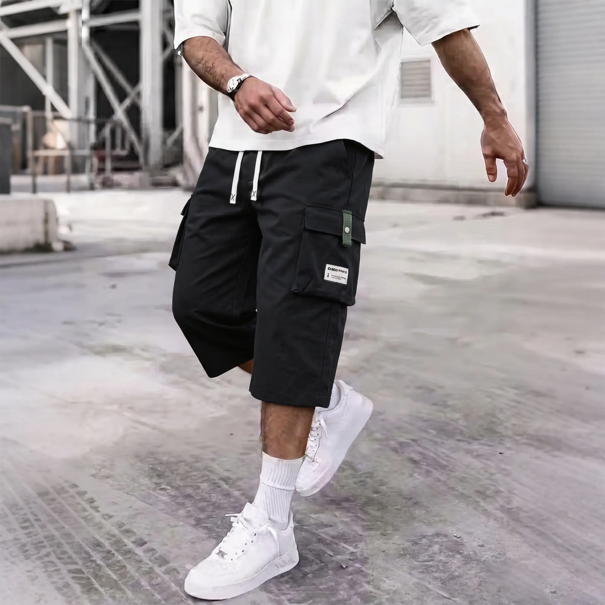 Menswear 7/8 Length Solid-Color Minimalist Cargo Straight-Leg Drawstring Trouser Shorts, Men’s Summer Casual Pants for Outdoor Sports, Everyday Wear