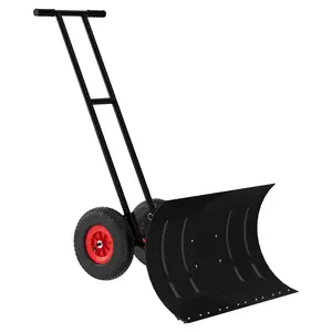 【GARVEE】 Large  30" W X 18"H Snow Shovel Pusher  for Driveway, Metal Snow Pusher with Wheels, Ergonomic Snow Pusher Shovel with Snow Removal Adjustable Angle & Height Handle for Driveway, Double Rod