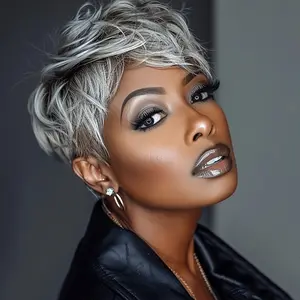 Women's Chic Pixie Cut Human Hair Wig, Ash Grey Balayage Glueless 150% Density Brazilian Remy Hair, Layered Bangs Natural Fullness for Daily & Special Events