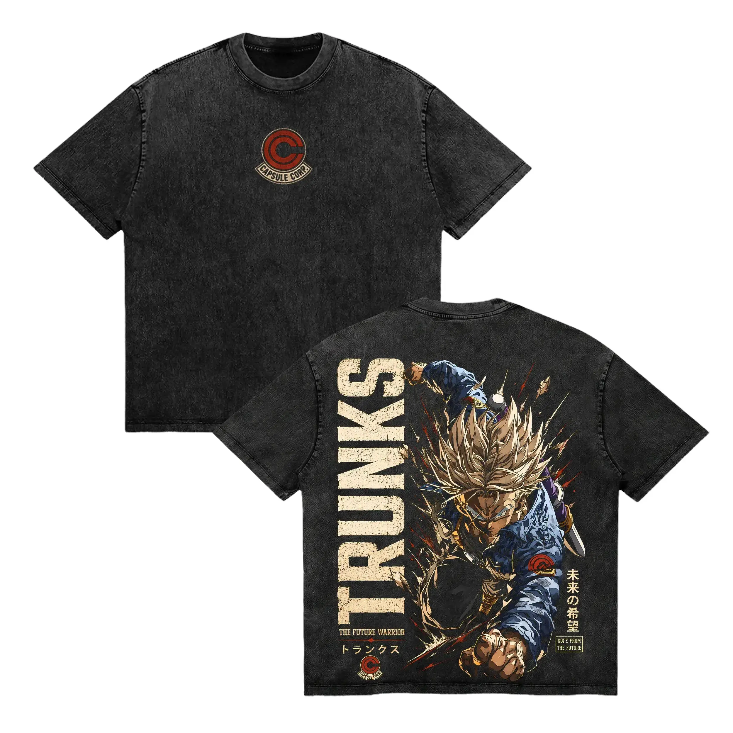Future Trunks Super Saiyan DBZ Anime Vintage Washed Tee, Capsule Corp Warrior Graphic Shirt, Heavy Cotton Oversized Streetwear Gift
