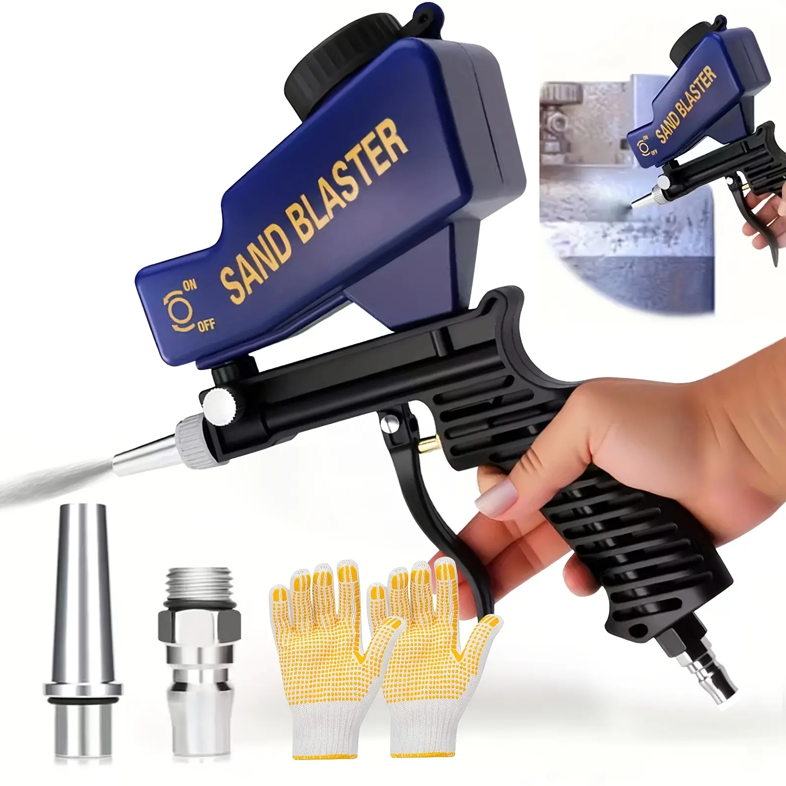 600ml Portable Sandblaster Kit – with Gloves, Adjustable Grit, for Paint and Rust Removal, Compatible with Soda and Walnut Shell