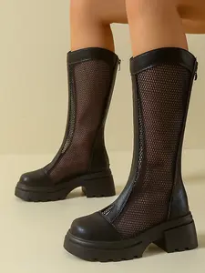 2026 Summer Mesh Panel Knee-High Platform Boots for Women, Breathable Chunky Heel Boots with Back Zipper