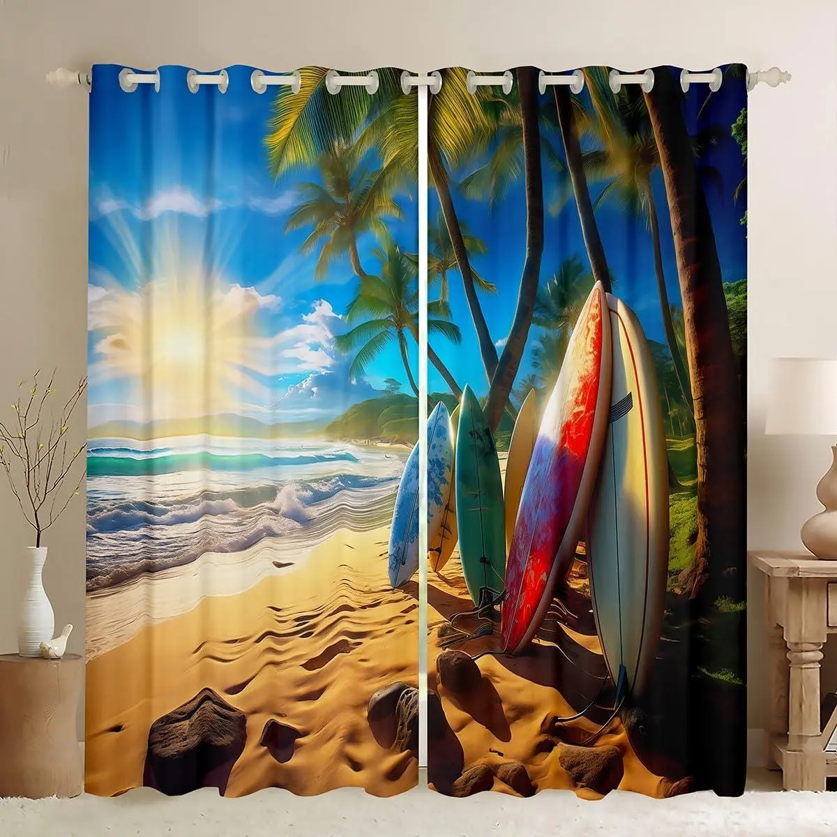 Sea Surf Curtains Women Men,Surfboard Surfer Curtains Blackout Coastal Beach Bedroom Decor,Hawaiian Summer Surfing Curtains Tropical Palm Tree Window Curtains 2 Panels