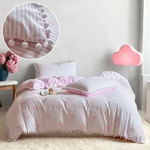 Bow and striped print duvet cover set (2/3 pieces) - Pink digital print + pom-pom tassel bedding set, a cute and romantic bedroom decoration essential, soft, comfortable and breathable polyester fiber, durable pillowcase set, 9 sizes,Valentine's Day gift.