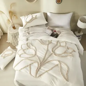 Tulip pattern Microfiber Duvet Cover Set, Boho Tufted Comforter Sets with Zipper Closure, Including1 Duvet Cover & 1/2 Pillowcase without Filler, Soft Comfortable Bedding Set for Home Bedroom, Comfy Bedding Sets, Breathable Duvet Set
