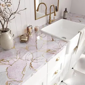 VEELIKE Gold Pink Marble Peel and Stick Countertops Contact Paper Waterproof Glossy Marble Wallpaper for Bathroom 15.7''x118'' Self Adhesive Vinyl Countertop Contact Paper for Kitchen Counter Tabletop
