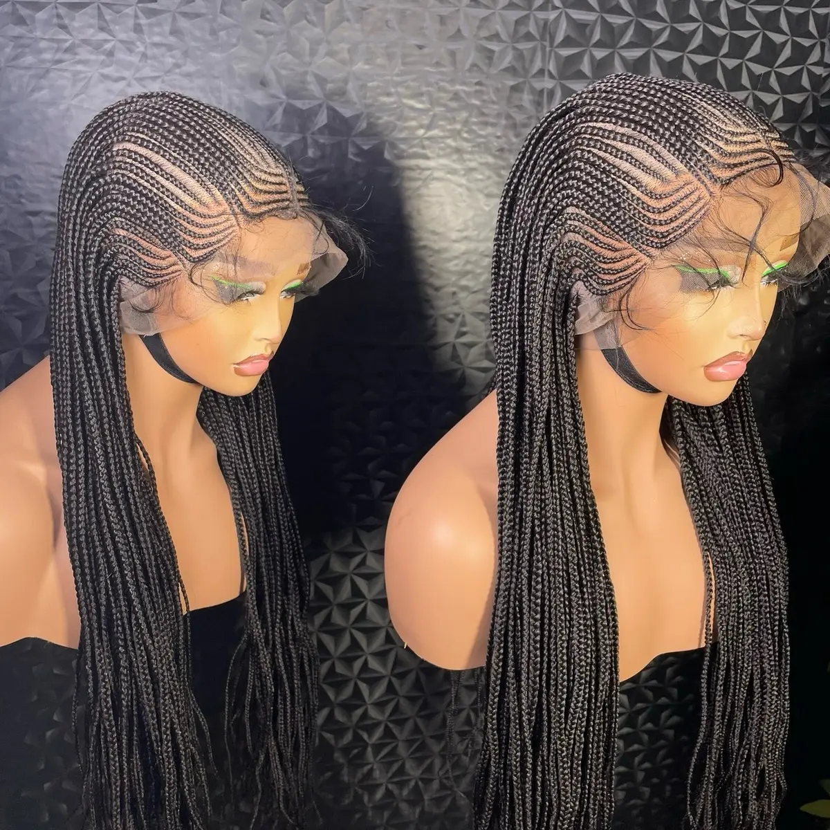 360 full lace Mirror face braided wig in 24 inches made with fiber synthetic lace. Medium: Cap size :21.5 – 22.5”
