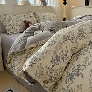 Premium Grade A Cotton Linen Bedding Set Thick Pure Cotton Light Luxury Vintage Button Style Fitted Sheet Duvet Cover Bed Sheet Set Soft Breathable Cozy Bedroom Home Textile TikTok Shop Trending colorful  woven  bedding  set