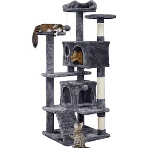 Yaheetech 54In Cat Tree, Multi-Level Cat Tower with Spacious Kitten-Ear Perch, 2 Cozy Caves, Scratching Posts, Climbing Ladder, 2 Plush Balls, Durable Pet House Furniture for Indoor Kittens, Dark Gray