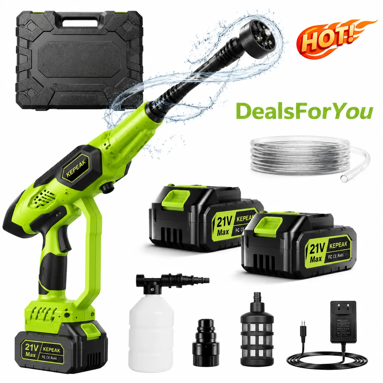 【DealsForYou】KEPEAK Cordless Handheld Pressure Washer, 21V 200W 203-232PSI Car Wash Kit with 6-in-1 Nozzle, Foam Bottle, Dual 10×1300mAh Lithium Batteries for Household Outdoor Cleaning, Father's Day Gift