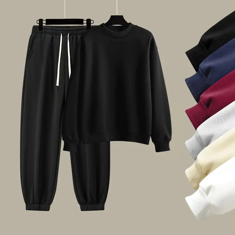 Men's Cotton Solid Color Casual Tracksuit Set Loose Fit Crew Neck Sweatshirt with Matching Jogger Pants for Fall Winter Comfortable Menswear Outfit for Outdoor Activities Sporty Commute Fitness and Relaxed Everyday Wear