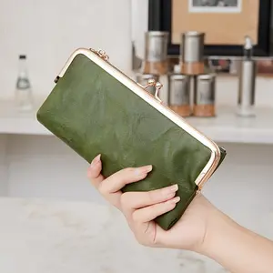 Fashion Retro Double-Fold Zipper Kiss Lock Card Holder Wallet for Women, Featuring Card Slots And an ID Window, Made of Minimalist in a Long Design, Wallet with ID