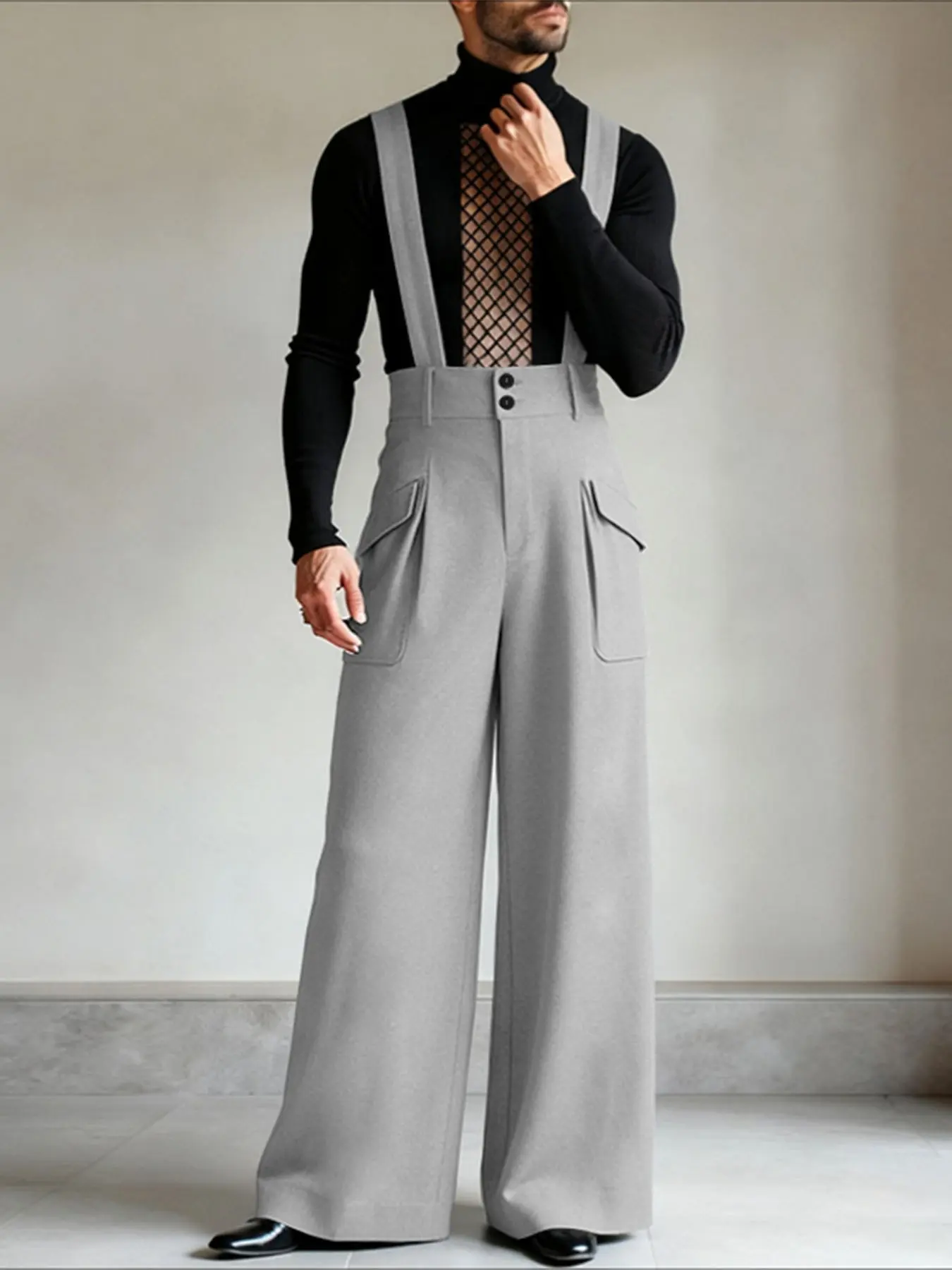 INCERUN Men's Casual Fashion Drawstring Waist Oversized Pants, Plain Loose-Fitting, All Seasons, Daily Wear, Zipper Design, Comfortable & Stylish, Baggy