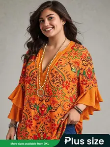 Plus Size Women's Woven Fabric V Neck Fashion Shirt Blouse, Stylish Boho Style Shirt Casual Top for Spring & Fall, Comfortable and Trendy Design