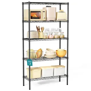 5-Tier Metal Wire Storage Shelves, Adjustable Standing Storage Rack Shelf, Heavy Duty Steel Shelving Unit Organizers for Kitchen Bathroom Pantry Garage, 23.3" W×13.4" D×60" H, Black