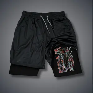 Chainsaw Man 80s 90s Double-Layer Sports Shorts Graphic Shorts Black Camo Streetwear Shorts Men Outfits Men Vacation Outfits Shorts