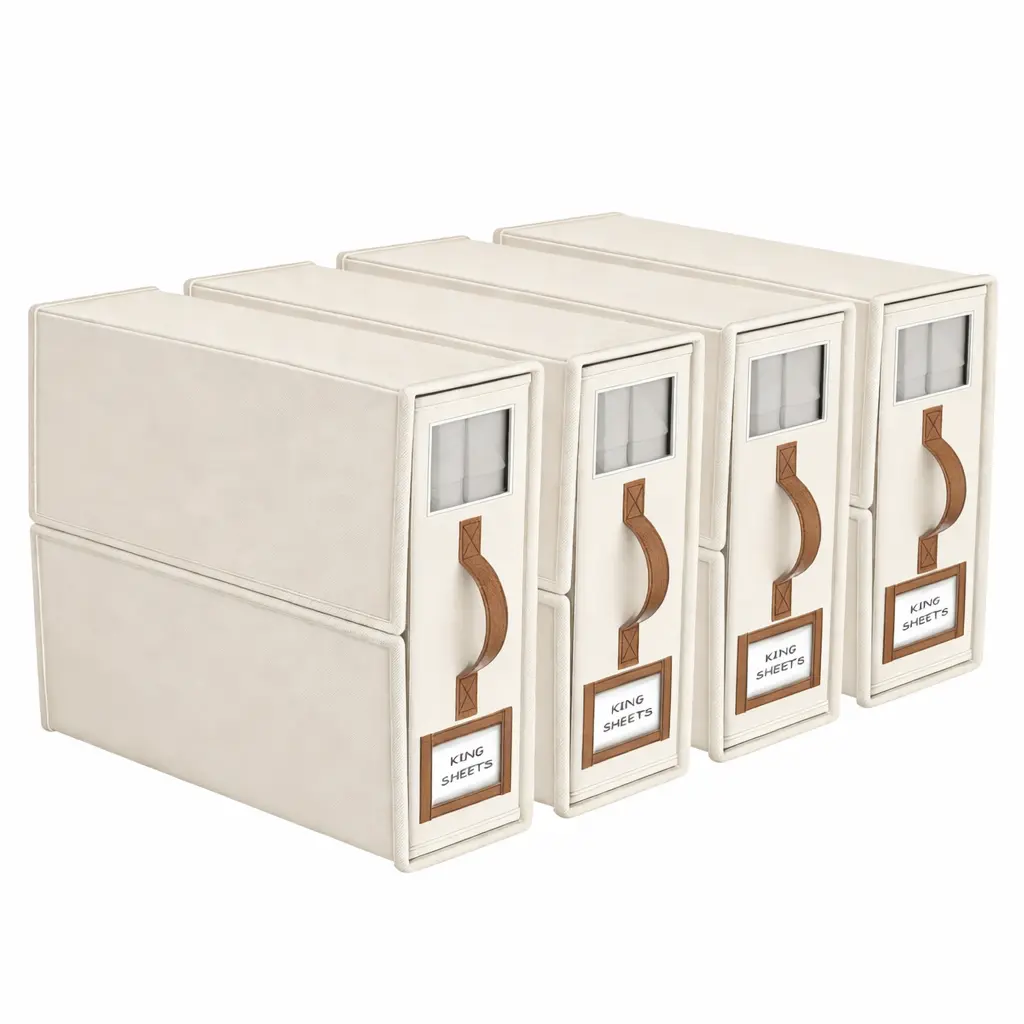 4 Pack Bed Sheet Organizers (King/Queen) – Foldable Linen Storage Boxes with Clear Window & Labels, Closet Bedding Organizer for Sheets, Pillowcases & Duvet Covers (Beige)