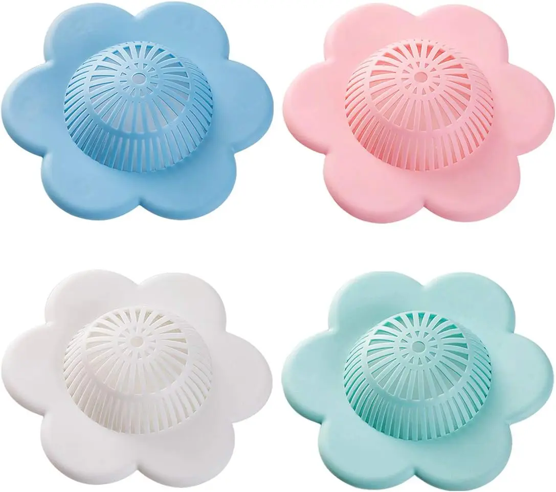 4PCS Flexible Silicone Flower-Shaped Shower Tub Drain Hair Stopper Cover - Eco-Friendly, Non-Toxic, Durable, Lightweight, Non-Slip, Tear-Resistant Strainer, Easy-Install Fixture with Bead Chain & Sticky Hook for Home Cleaning, Strainer Bathtub Accessories