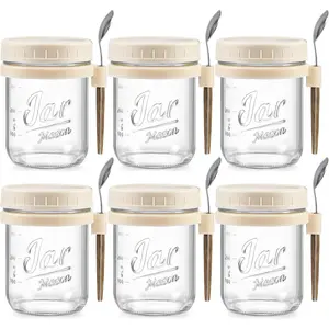 6 Pack Overnight Oats Containers with Lids and Spoons, 16 oz Glass Mason Overnight Oats Jars, Large Capacity Airtight Jars for Milk, Cereal, Fruit(Beige