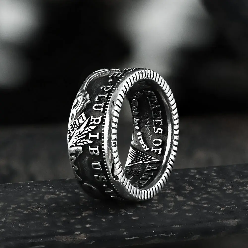 GTHIC 1896 Morgan Dollar Pattern Eco-Friendly Stainless Steel Ring - 10mm Punk Jewelry, Unisex Alloy Copper Artificial Gemstone Durable Adult Jewelry (Sizes 7-13) Birthday Gift Idea