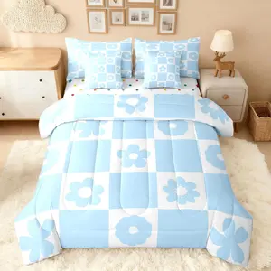Blue White Plaid Comforter Set with Sheets 7 Piece Cute Florals Bed in a Bag Kids Boys Girls Checkerboard Grid Bedding Set Blue Checkered Geometric Bedroom Decor