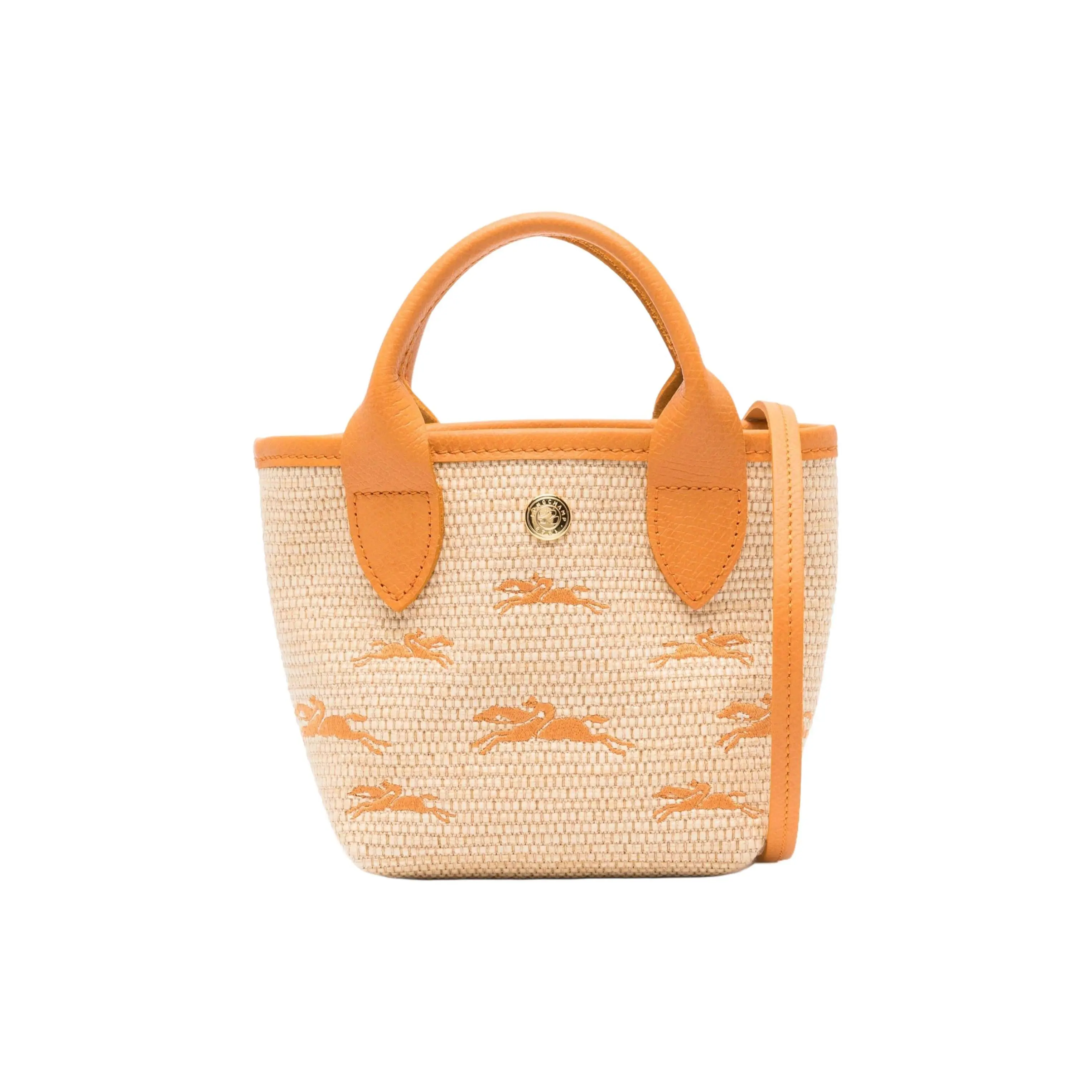 Women's Longchamp Le Panier Pliage Mini Basket Shape Crossbody Tote - Embroidered Logo, Detachable Strap, Straw-Textured Canvas, Apricot