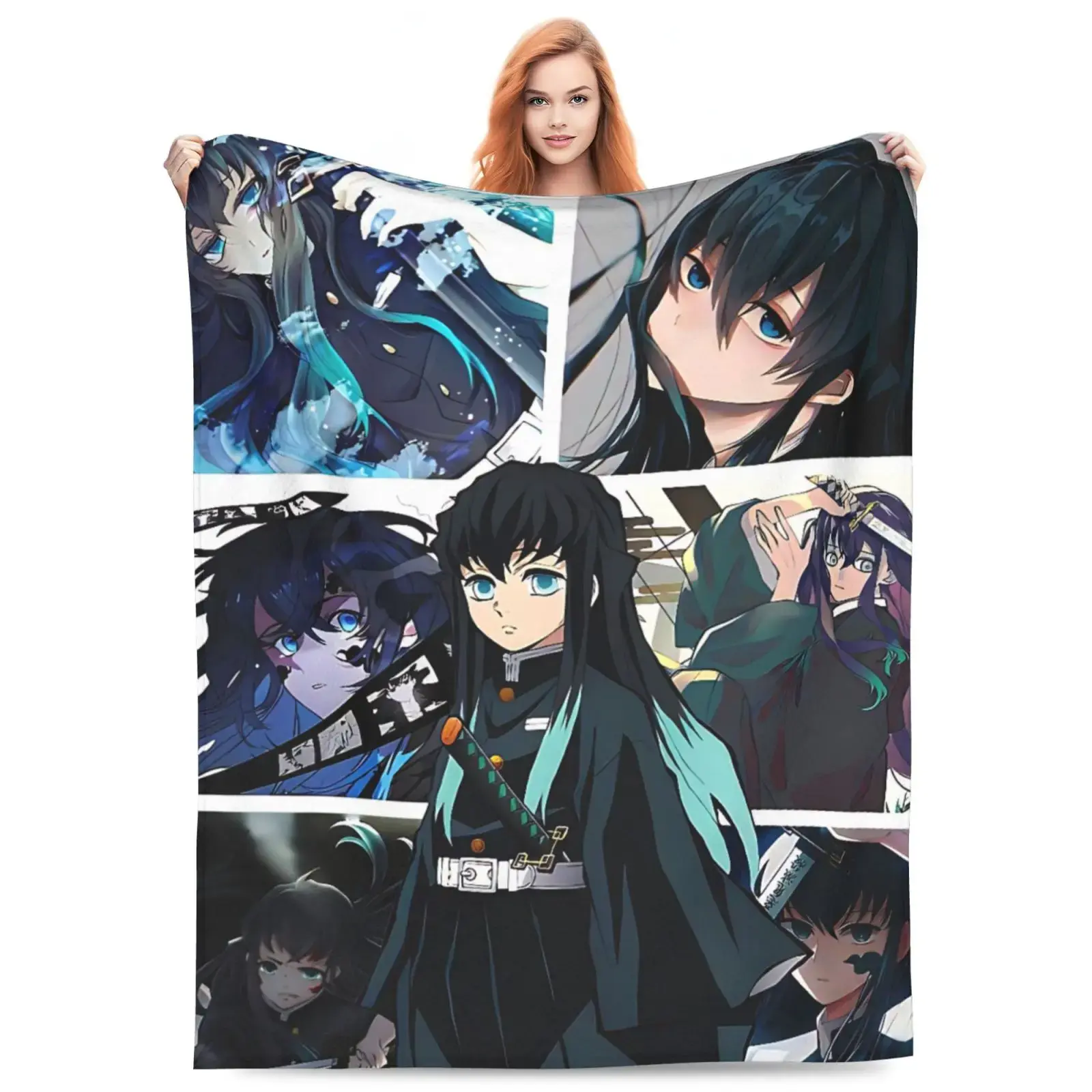 Demon Slayer Tokito Muichiro Flannel Blanket - 30*40inch Unisex Mist Hashira Anime Collage Throw, Machine Washable, Single-Sided Printed Artwork, Movies & TV Dorm Bed/Bedroom Accent, Gift for Anime Fans