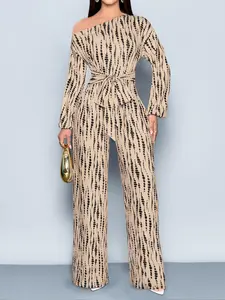 Elegant Women's Four-Season One-Piece Fitted Jumpsuit, Striped Sleeveless High Waist Wide Leg Pants, Casual Chic Tie Front Design Womenswear, Print, Elegance, Long Sleeve