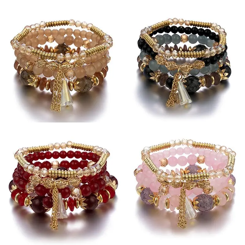 JEWEL4U - 4Pcs New Tassel Charm Beads Bracelet Set For Women Colorful   Glass Beaded Chain Bangle Female Bohemian Jewelry