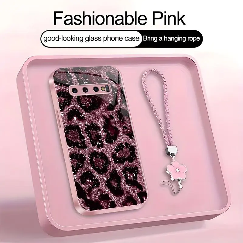 Suitable for [Galaxy S10] high-end women's phone case，a beautiful four-leaf clover lanyard is included🥰,simple yet sophisticated leopard print design, affordable price, available in multiple colors YM99
