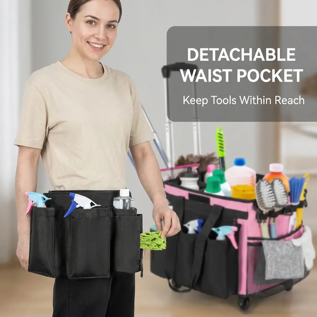 Large Rolling Caddy Bag with Detachable Trolley & Wheels - Home Supplies Housekeeping Organizer for Home/Car/Picnic, Cleaning Cart