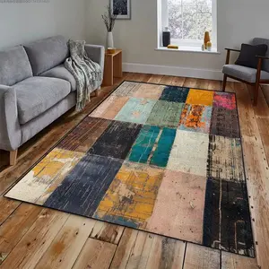 Vintage Distressed Patchwork Flannel Area Rug - Multicolor Retro Block Print Soft Mat for Living Room, Non-Slip Boho Industrial Home Decor #VintagePatchworkRug #DistressedBlockMat #BohoIndustrialDecor #RetroMulticolorCarpet #NonSlipFlannelRug