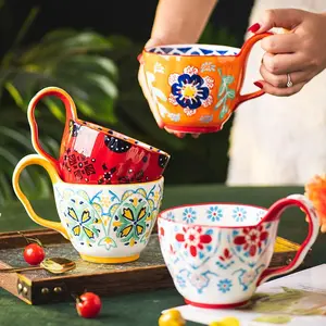 Floral Pattern Ceramic Mug, 2 Counts/set Exquisite Handmade Coffee Cup, Teacup, Drinking Cup, Ceramic Cups for Home Office Use, Gift for Friend & Family