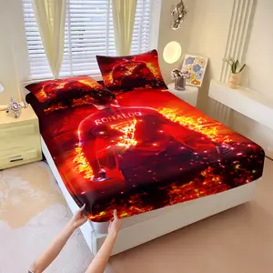 3Pcs Intense Soccer Star Fitted Sheet Set, Featuring RONALDO in Dark Red Flames and Stylish Number 7, Soft and Durable Bedding for Ultimate Comfort, Ignite Your Bedroom with Energy and Passion!, Lncludes 1 Fitted Sheet, With 2 Coreless Pillowcases