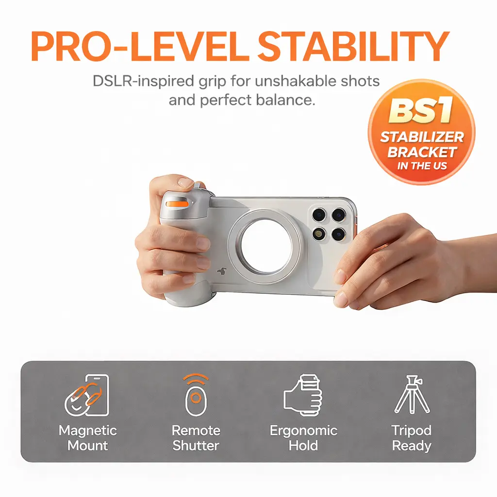Magnetic Smartphone Camera Grip with Bluetooth Wireless Shutter - DSLR-Style Handle with 1/4" Mount for iPhone & Android, Instant Selfie & Stable Video Accessories #SummerVibes, Pro Grip