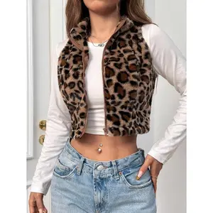 Women's Casual Leopard Print Sleeveless Fluffy Cropped Jacket For/Winter