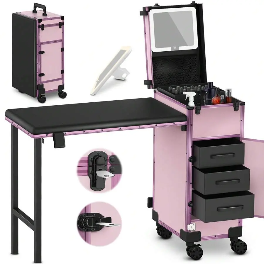 Pink Foldable Lockable Rolling Portable Manicure Table with 3 Drawers, Mirror, Nail Polish Organizer – Commercial Salon Furniture for Nail Tech Salon Stations