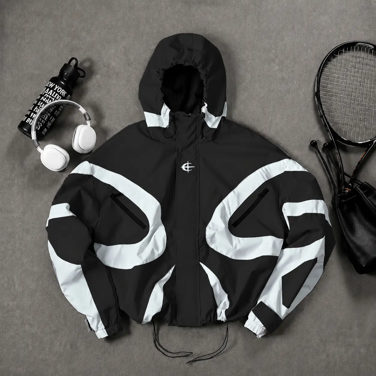 Men’s Y2K-style arc-panel hooded windbreaker jacket, multiple colors, zip closure, drawstring hem, street style outerwear for spring/autumn