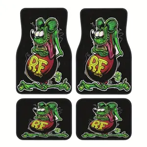 4pcs Rat Fink Style Car Floor Mats, Car Mat Set - Full Coverage Design, Soft & Non-Slip for SUVs, Trucks, All-Weather Polyester Pads, Car Interior Accessory, Truck Accessories, Automotive Interior Upgrade, Bold Graphic Design, Fabric, Suv Drivers