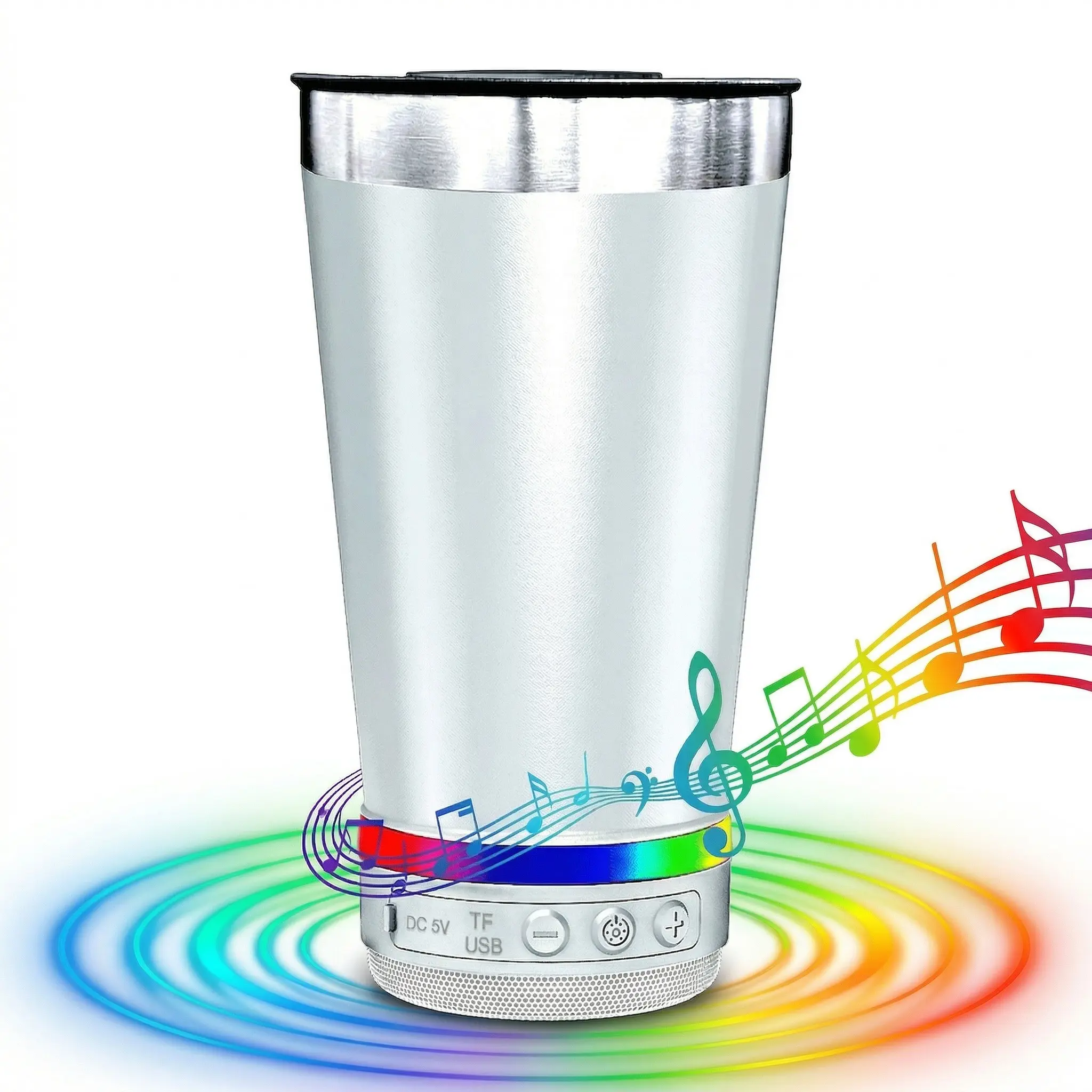 Stainless Steel 16.oz Insulated Mug with Built-in Bluetooth Speaker Rechargeable Wireless Multi-color, FM/USB/TF/TWS Tumbler Plastic