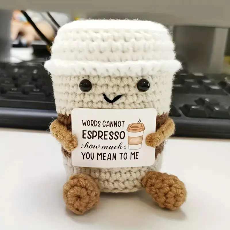 Coffee Cup Crochet Amigurumi Doll Toy, Cute Creative Emotional Support Doll Toy, Knitting Birthday Gifts for Home Office Party Decor