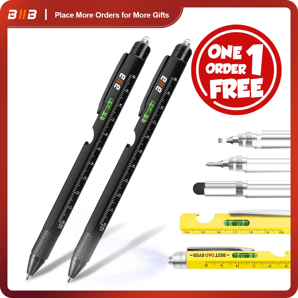 [1 Order = 1 Free Writing Pen] BIIB Aluminum 9-in-1 Multitool Pen with Stylus, Batteries, Phone Stand Opener, Hand Tool Gift for Dad, Husband (Father’s Day Cool Gadget)